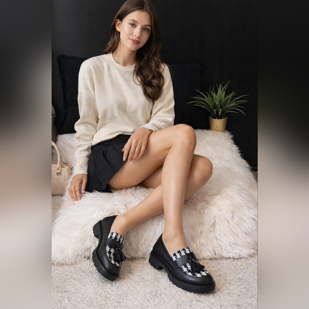 🖤LOFT Tweed Tassel Houndstooth Loafers.🖤